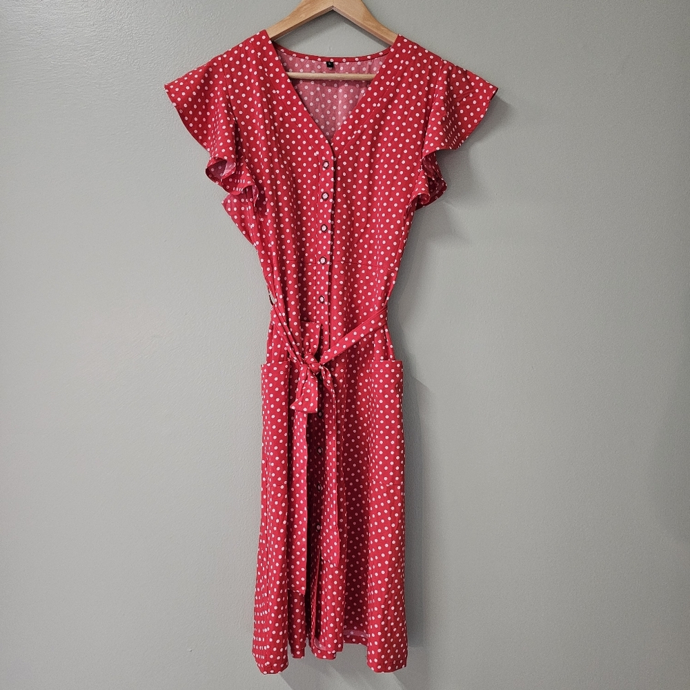 Red polka dot midi dress